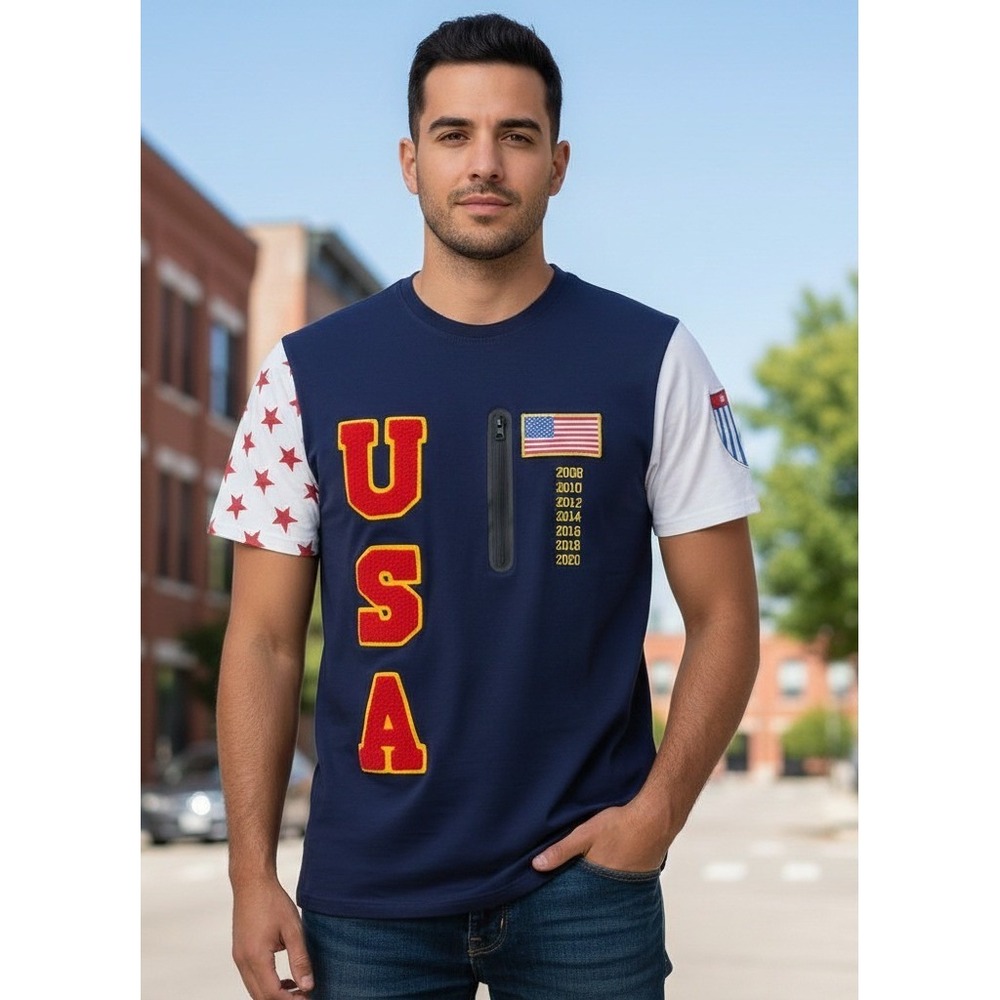 Hudson Outerwear Shirt Mens Small Blue Front Zip Pocket Cotton USA‎ Flag Patriot